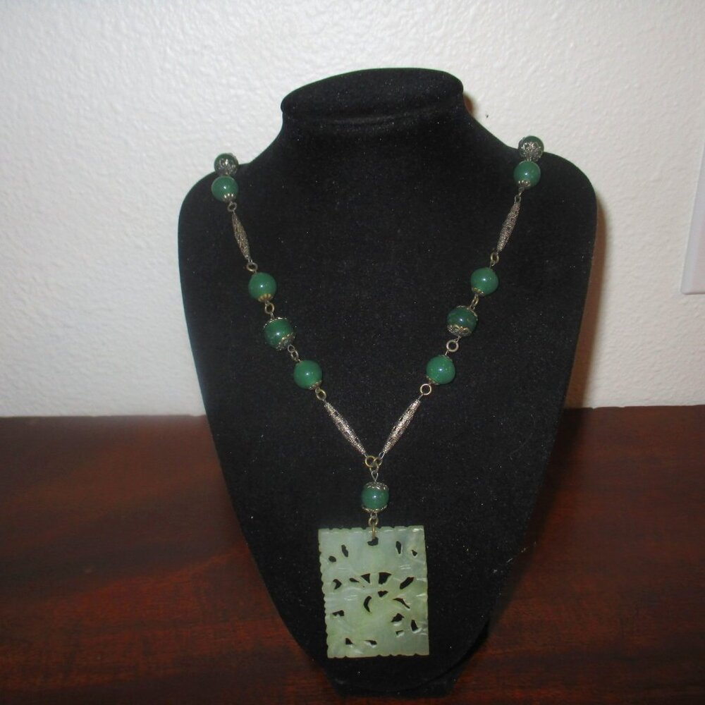 Jade Vintage Necklace with Carved Pendant